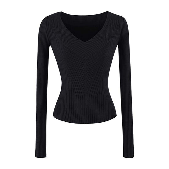 Damen Taillierter Rippstrick-Pullover mit V-Ausschnitt und formgebender Struktur Shop Nory