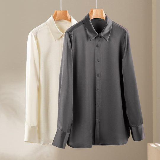 Damen Seiden-Optik Bluse mit Hemdkragen, verdeckter Knopfleiste und verlängertem Manschetten-Detail Shop Nory
