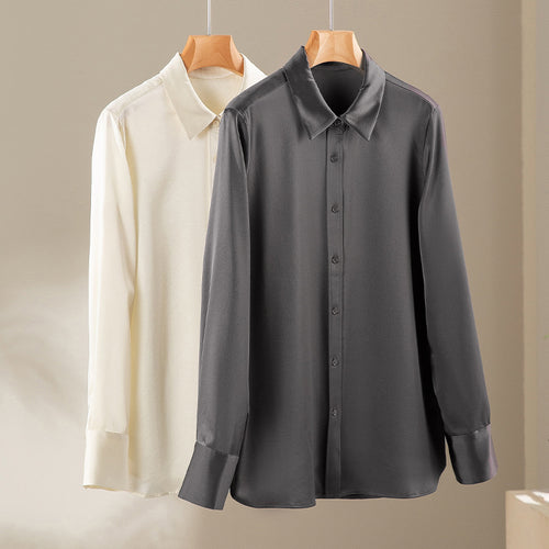 Damen Seidenähnliche Bluse mit klassischem Hemdkragen, durchgehender Knopfleiste und verlängerten Manschetten Shop Nory