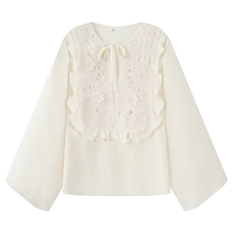 Damen Bestickte Volantbluse mit weitem Trompetenärmel und Bindekragen Shop Nory