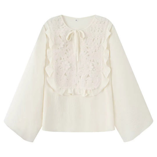 Damen Bestickte Volantbluse mit weitem Trompetenärmel und Bindekragen Shop Nory
