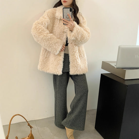 Damen Flauschiger Teddy-Mantel aus Kunstfell mit Hemdkragen und Boxy‑Silhouette Shop Nory