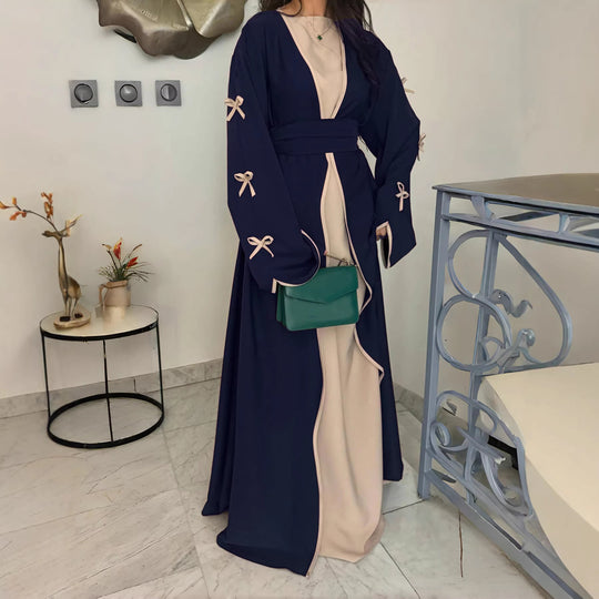 Damen nan elegante Abaya-Kaftan mit weitem Trompetenärmel, kontrastierender Passe und Wickelgürtel Shop Nory