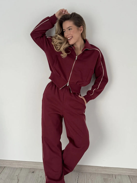 Damen lockerer Zip-Trainingsanzug mit kontrastpaspel, weitem Bein und elastischem Tunnelzugbund Shop Nory