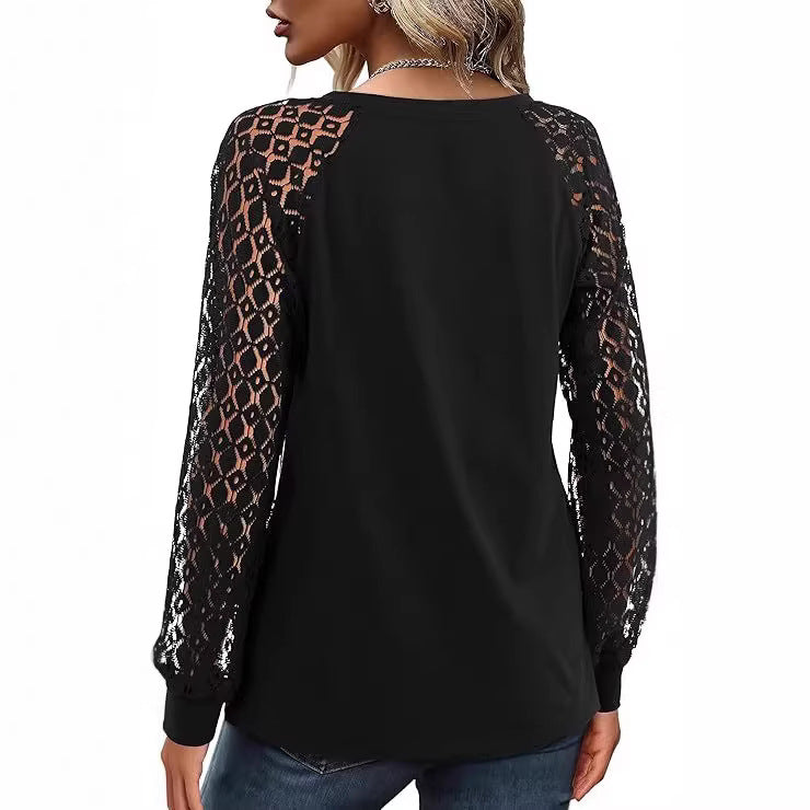 Damen Feines V‑Neck Longsleeve mit transparenten Häkelärmel‑Details Shop Nory