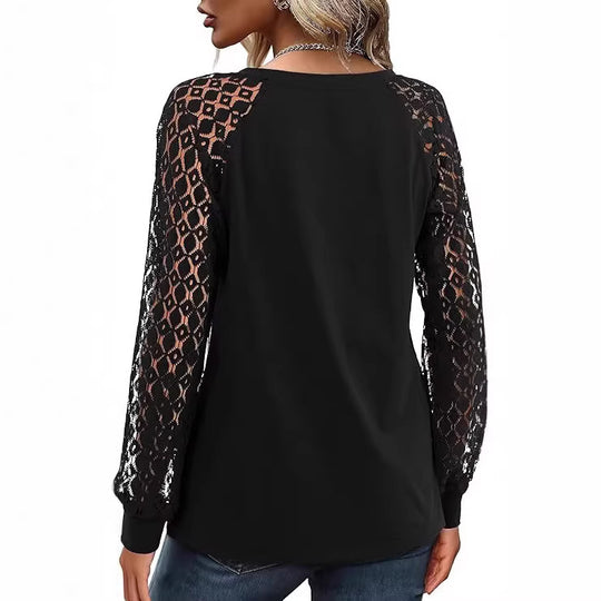 Damen Feines V‑Neck Longsleeve mit transparenten Häkelärmel‑Details Shop Nory