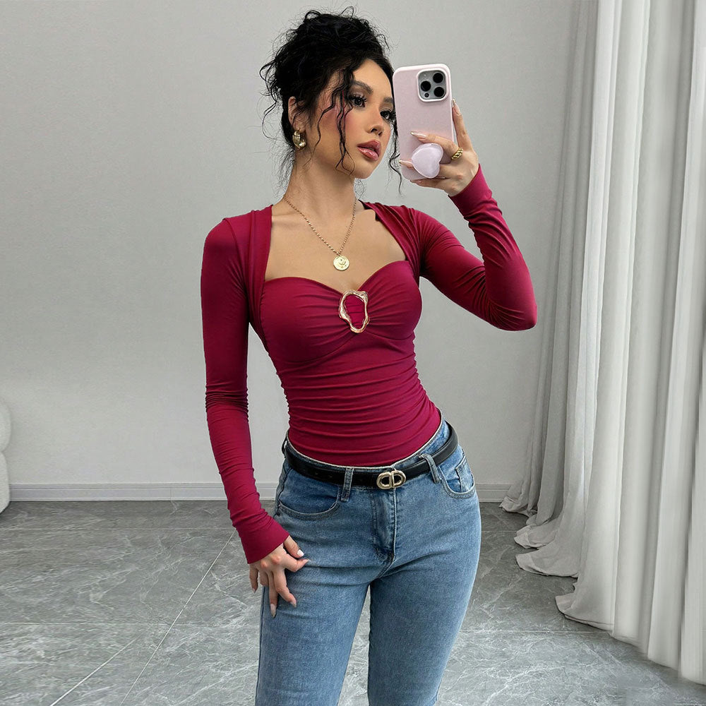 Damen figurbetontes Langarm-Top mit Herz-Ausschnitt, Zierring und Raffung Shop Nory