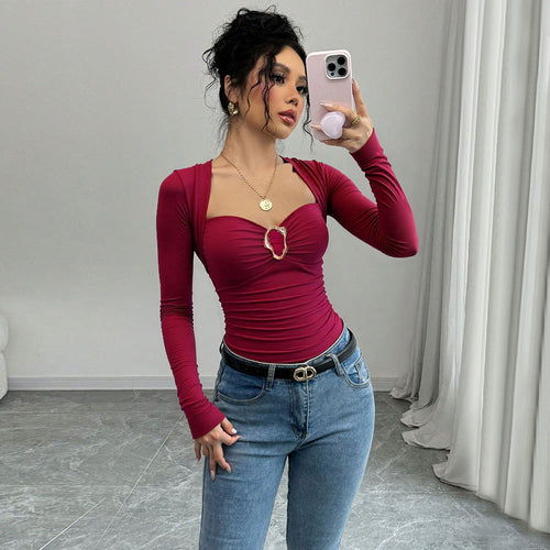 Damen figurbetontes Langarm-Top mit Herz-Ausschnitt, Zierring und Raffung Shop Nory