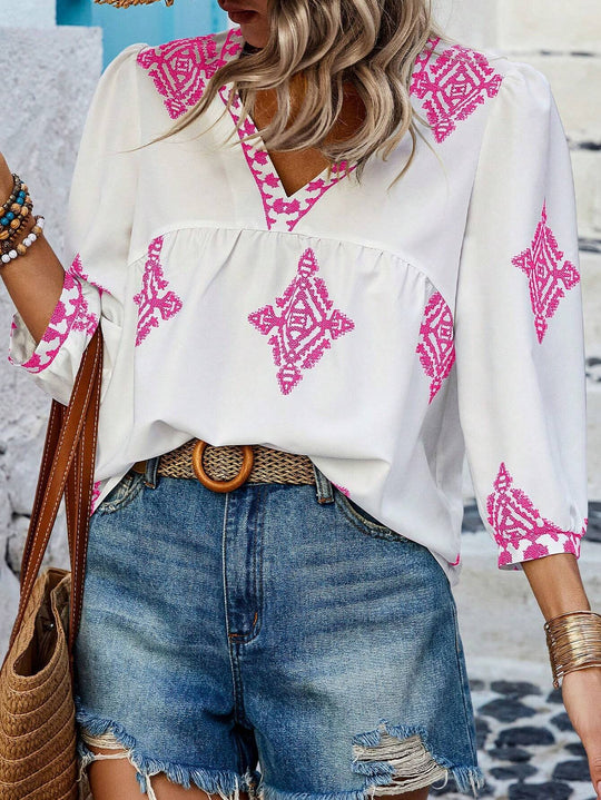 Damen Locker geschnittene Boho‑Bluse mit V‑Ausschnitt, geraffter Brustnaht und dreiviertelärmeln Shop Nory
