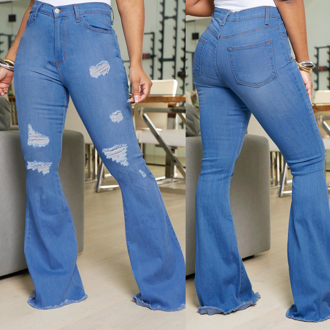 Damen Taillenbetonte Schlagjeans mit zerrissenen Einsätzen und rohem Saum Shop Nory