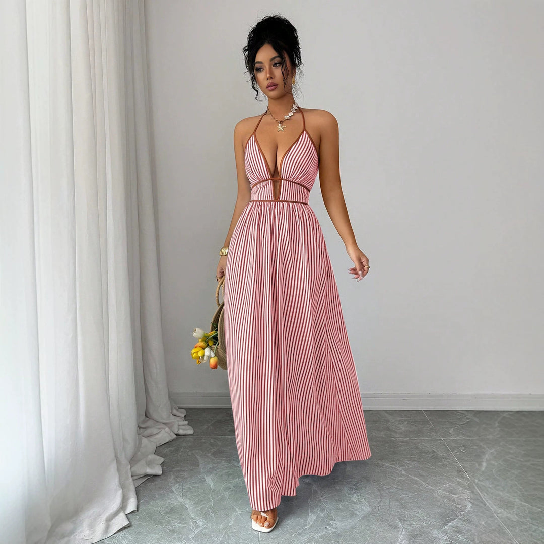 Damen Gestreiftes Neckholder-Maxikleid mit tiefem V-Ausschnitt und Taillen-Cut-Out Shop Nory