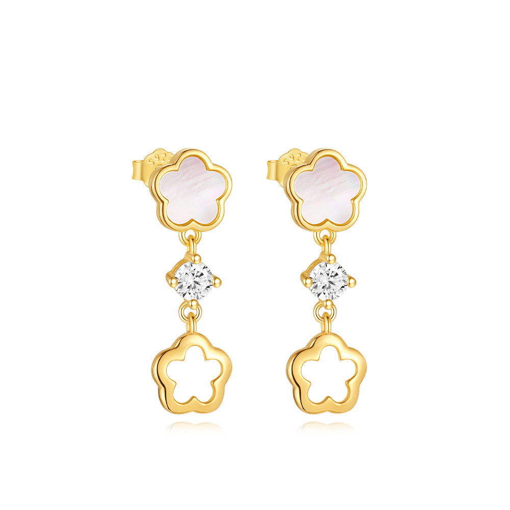 S925 Sterlingsilber Blütenweiße Muschel Verfeinerte Strass Schlüsselbeinghänger Hohlstud Ohrringe Anzug Bester Verkäufer in Schmuck | Shop Nory