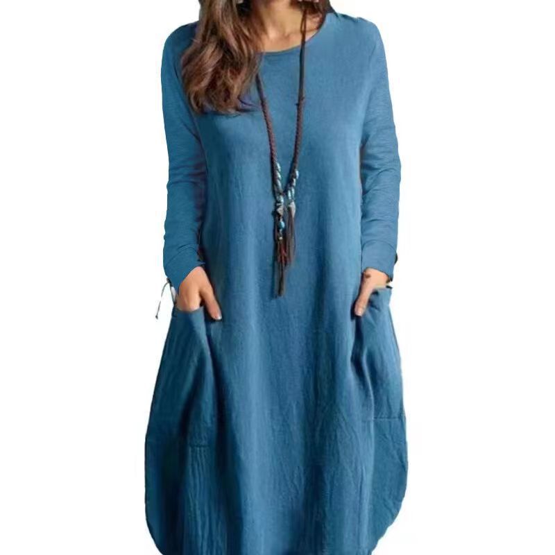 Damen lässiges Freizeitkleid mit seitlichen Taschen und Rundhalsausschnitt