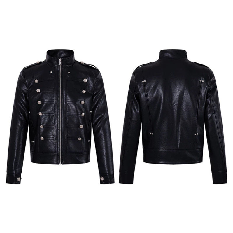 Herren Militärisch inspirierte Kunstlederjacke mit Stehkragen, Zierknopfreihe und Schulterpatten Shop Nory