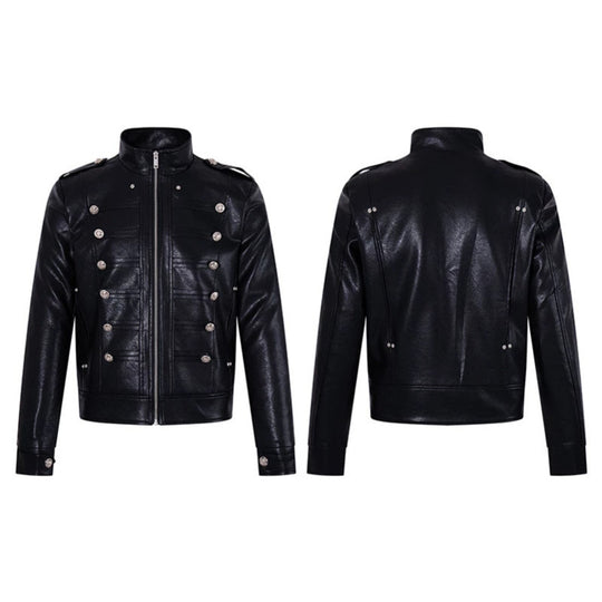 Herren Militärisch inspirierte Kunstlederjacke mit Stehkragen, Zierknopfreihe und Schulterpatten Shop Nory