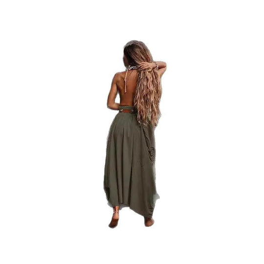 Damen langes Maxirock mit seitlichen Taschen und Rüschendetails Shopnory