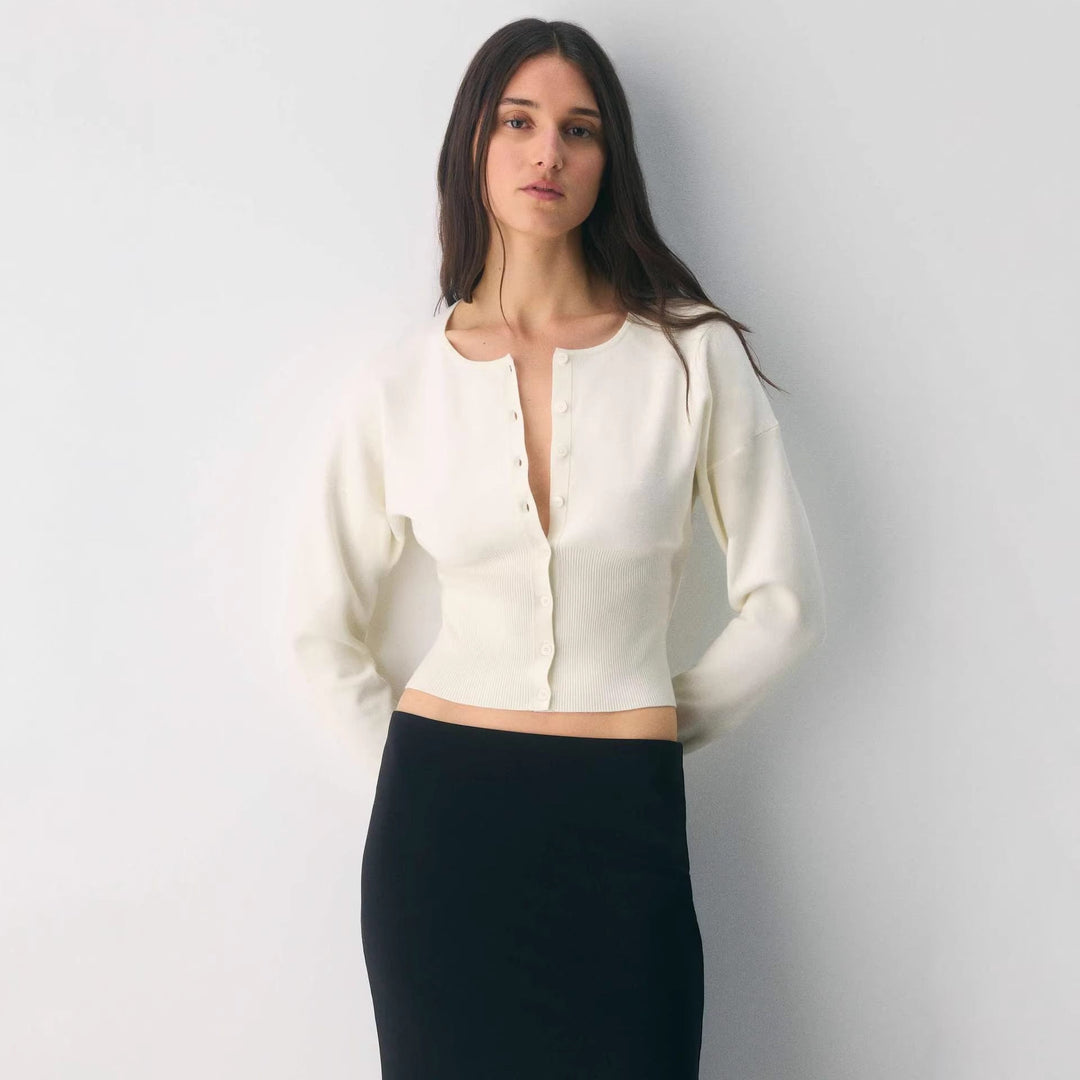 Damen Cropped Strickjacke mit Knopfleiste und Rippstrick