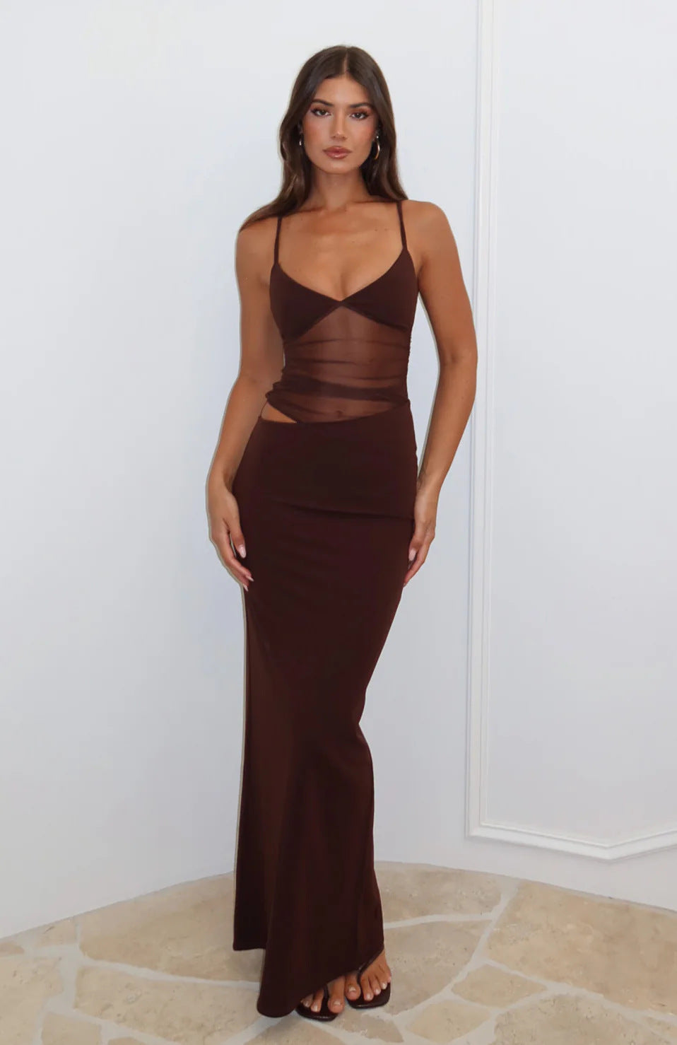 Damen Elegantes Maxikleid mit transparentem Oberteil und figurbetontem Schnitt