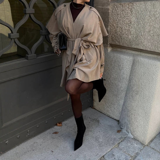 Damen Kurzer Asymmetrischer Wickelmantel mit Volant-Overlay und Bindegürtel Shop Nory