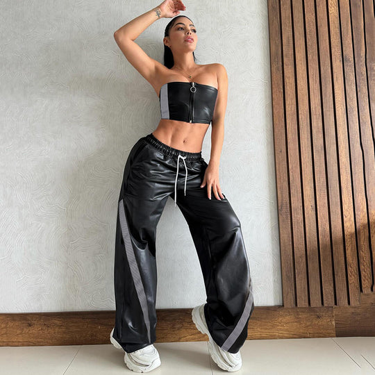 Damen nan weite Kunstleder-Trackpants mit elastischem Bund, Tunnelzug und seitlichen Streifen Shop Nory