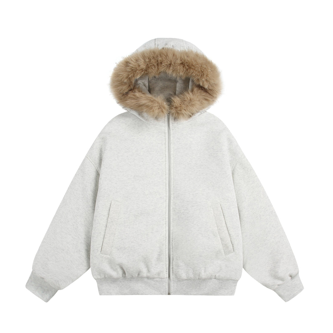Damen Kurzboxy Kapuzenblouson aus French‑Terry mit voluminöser Kunstfellkante Shop Nory