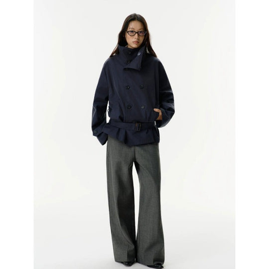 Damen Kurzjacke im Trenchstil mit doppeltreihiger Knopfleiste Taillengürtel und Stehkragen Shop Nory