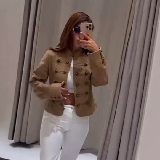 Damen Taillierte Militärjacke aus Wollmischung mit Stehkragen und doppelter Knopfreihe Shop Nory