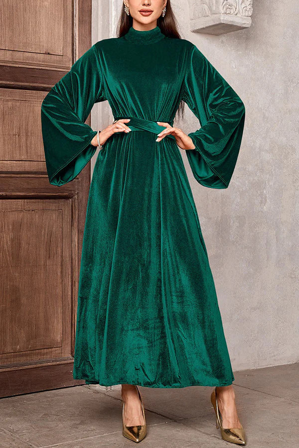 Damen Maxikleid aus Samt mit Stehkragen, weitem Glockenärmel und Taillengürtel Shop Nory