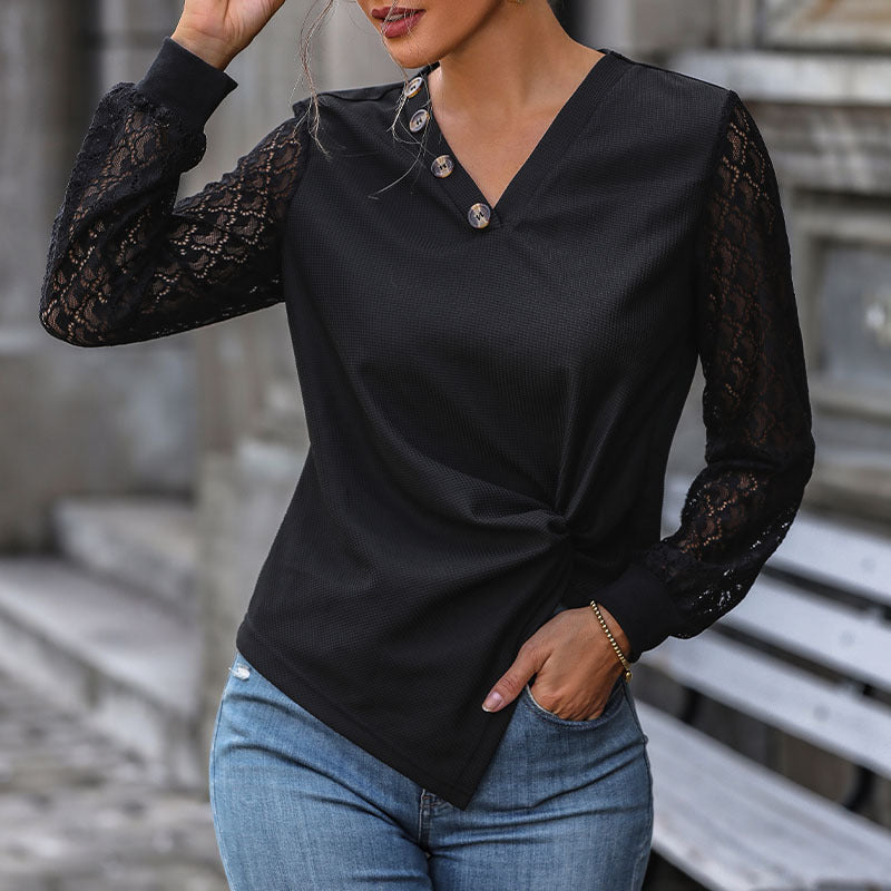 Damen V-Ausschnitt Blusenshirt mit Spitzenärmeln, asymmetrischer Knopfleiste und Knotenfront Shop Nory