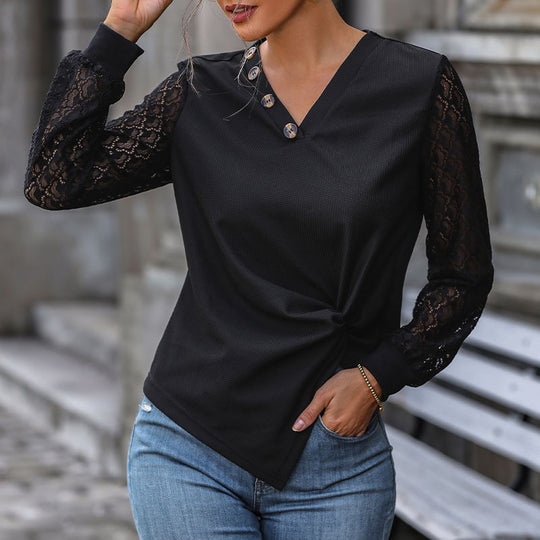 Damen V-Ausschnitt Blusenshirt mit Spitzenärmeln, asymmetrischer Knopfleiste und Knotenfront Shop Nory
