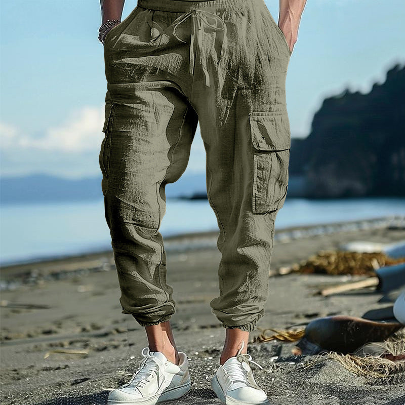 Herren nan lässige Cargohose im Joggerstil mit Crinkle-Leinenoptik Kordelbund und Mehrfachtaschen Shop Nory