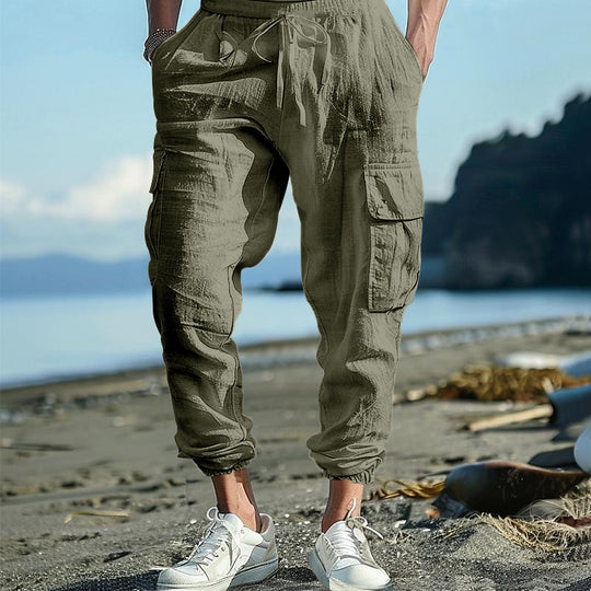 Herren nan lässige Cargohose im Joggerstil mit Crinkle-Leinenoptik Kordelbund und Mehrfachtaschen Shop Nory