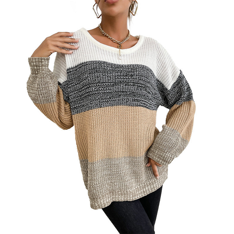 Damen Oversize Farbblock Strickpullover mit Rundhalsausschnitt und Rippbündchen Shop Nory