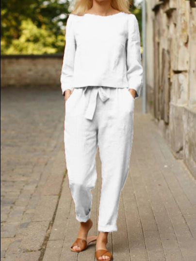 Damen Lässiges Leinen-Loungewear-Set mit Rundhalsausschnitt, Bindegürtel und knöchellanger Hose Shop Nory