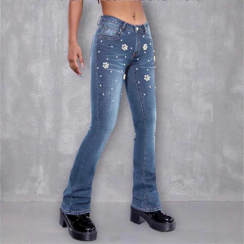 Damen schmale Bootcut-Jeans mit Perlen- und Blumenapplikationen Shop Nory