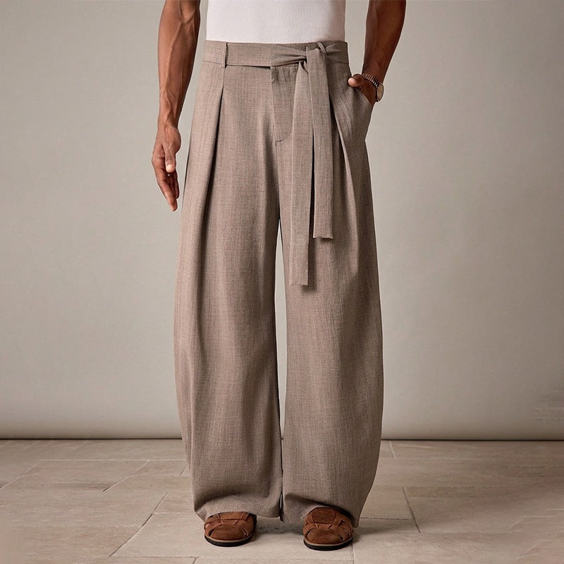 Herren weit geschnittene Leinenhose mit hoher Taille und Bindegürtel Shop Nory