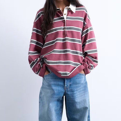 Damen Lässiger gestreifter Shirt mit Polokragen
