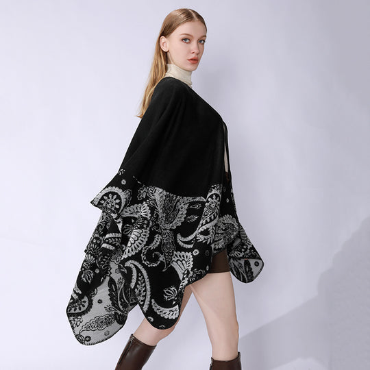 Damen Reversibler Jacquard-Capeponcho aus Wollmix mit Paisley-Motiv und offenem Fall Shop Nory