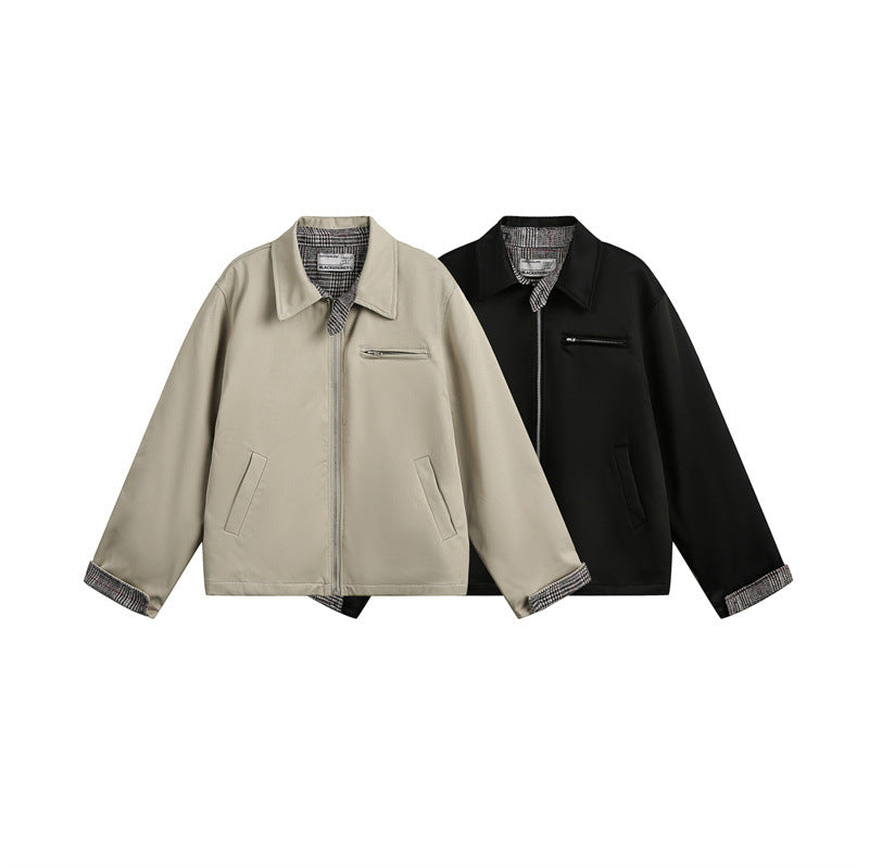 Unisex Kurz geschnittene Boxy-Blousonjacke mit karierter Innenfütterung und Brustzippertasche Shop Nory
