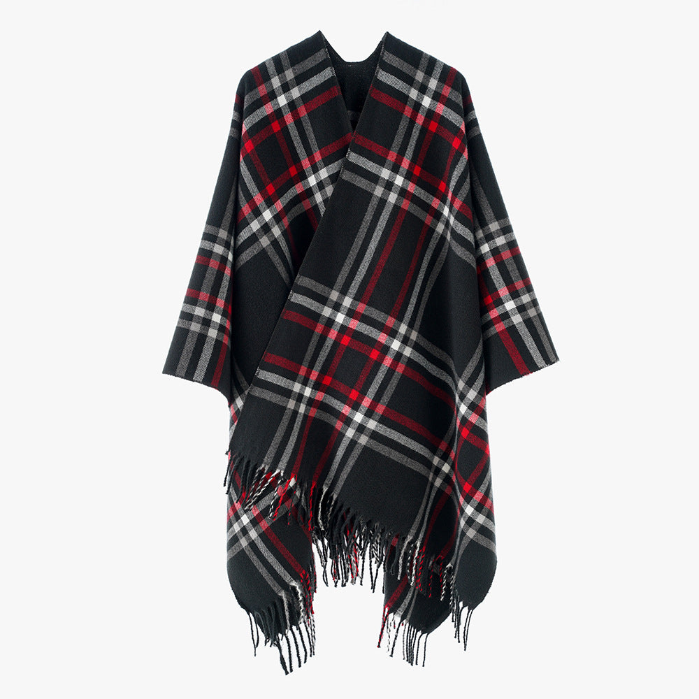 Damen Karierter Oversize-Überwurfponcho mit V-Ausschnitt und Fransensaum Shop Nory