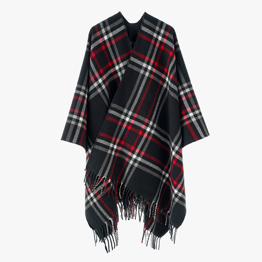 Damen Karierter Oversize-Überwurfponcho mit V-Ausschnitt und Fransensaum Shop Nory