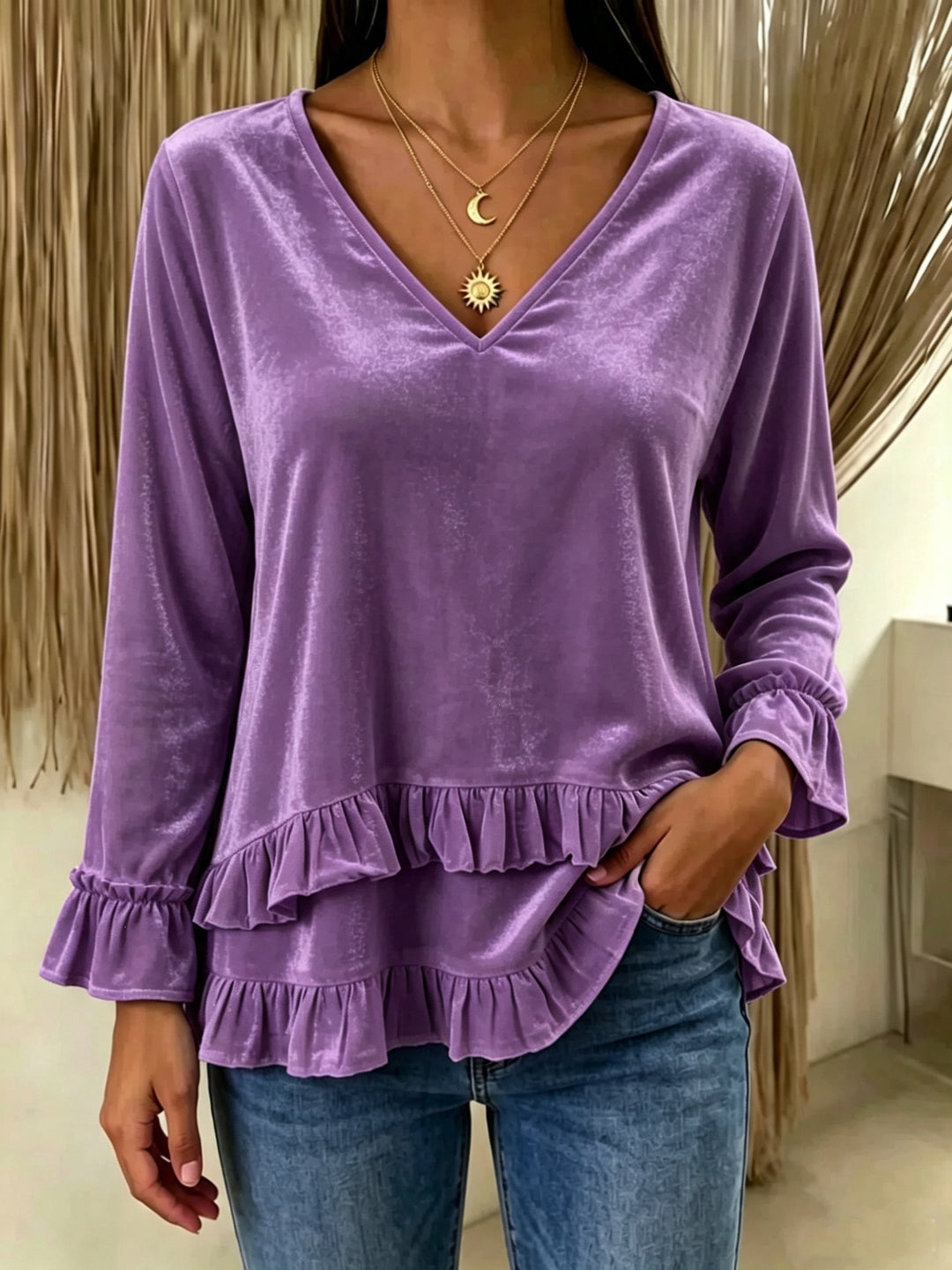 Damen Samt-Tunika mit V-Ausschnitt, Stufenvolants und gerafften Ärmeln Shop Nory
