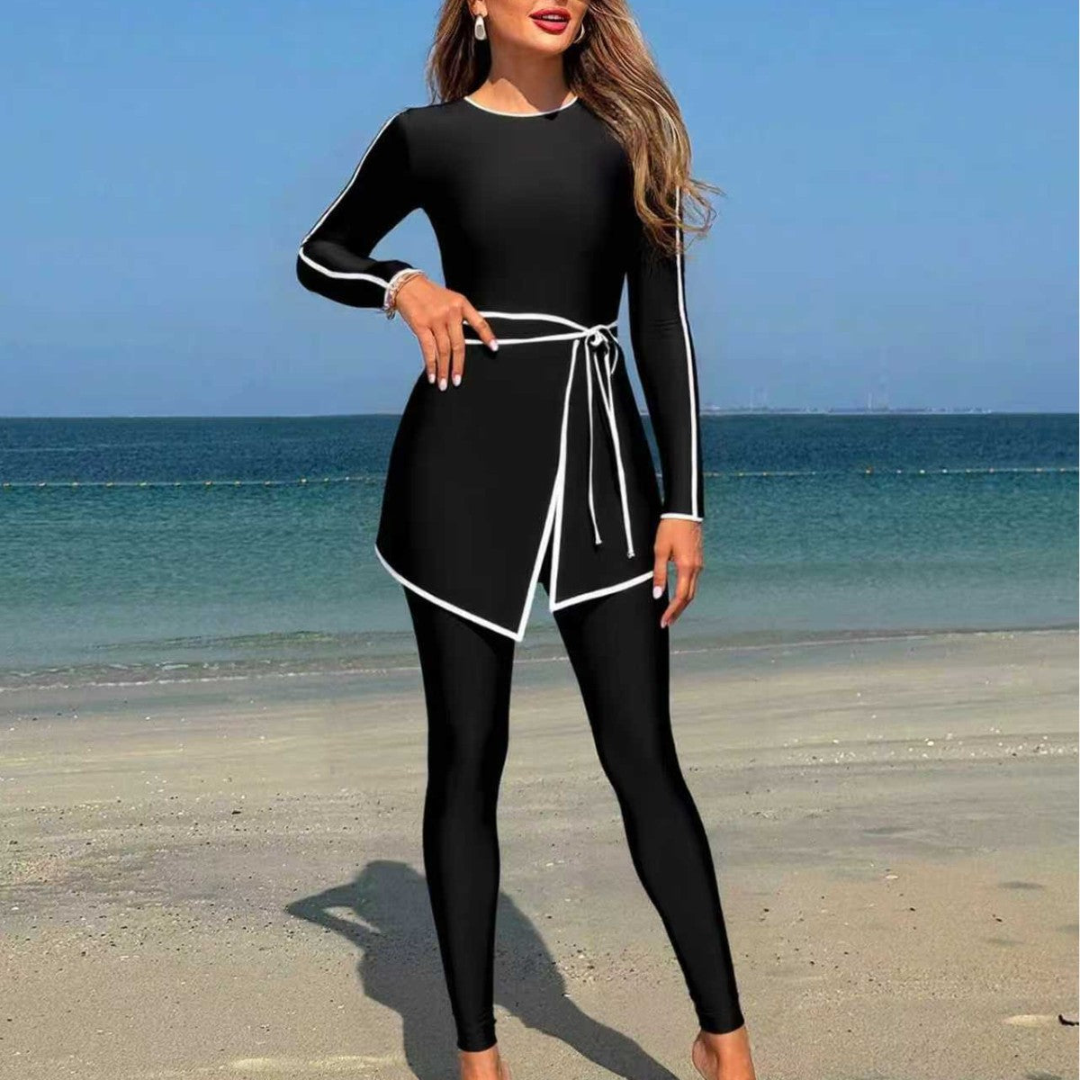 Damen modischer Langarm-Schwimmanzug mit Wickelrock