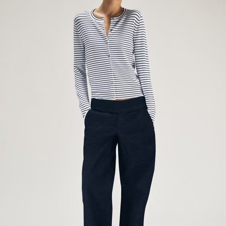 Damen Maritimer Feinstrick-Cardigan mit feinen Streifen und Perlmuttknöpfen Shop Nory