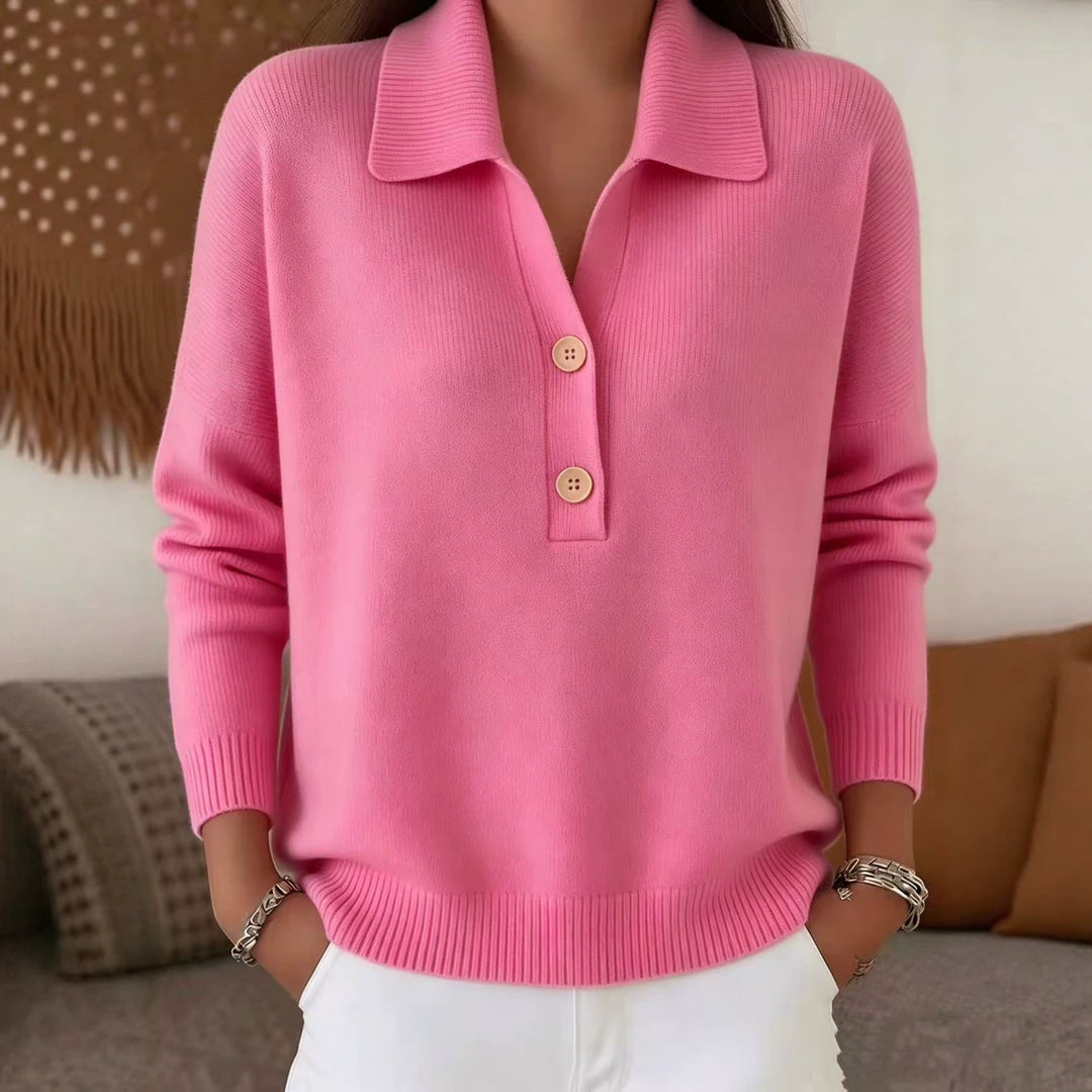 Damen lässiger Feinstrickpullover mit Polokragen und Zwei-Knopf-Leiste Shop Nory