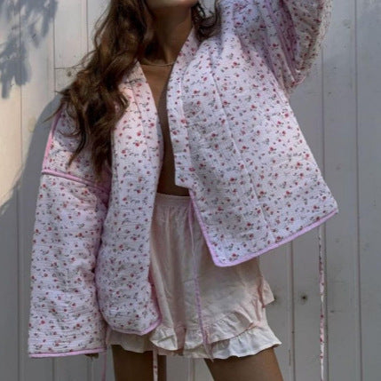 Damen Gepolsterte Kurz-Steppjacke mit floralem Micro-Print, Kontrastpaspel & Boxy-Silhouette Shop Nory