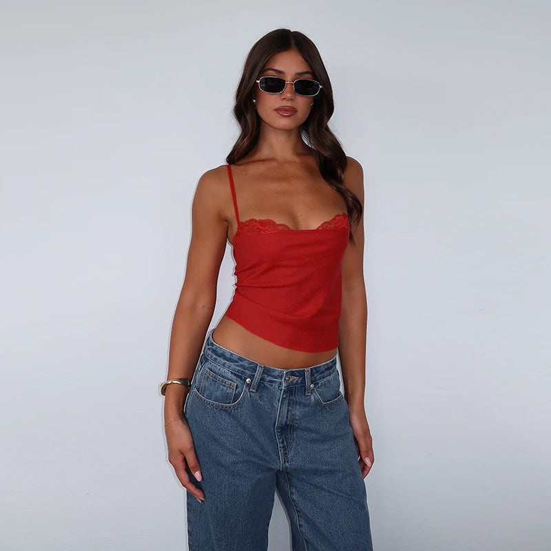 Damen elegantes Spaghetti-Top mit feinem Spitzenbesatz