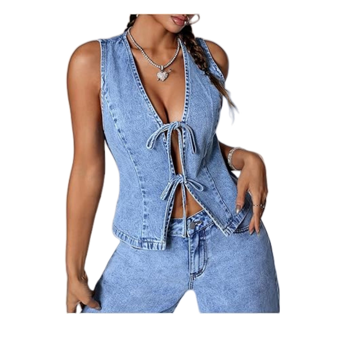 Damen Enganliegende Jeansweste mit V-Ausschnitt und Bindeschnürung Shop Nory