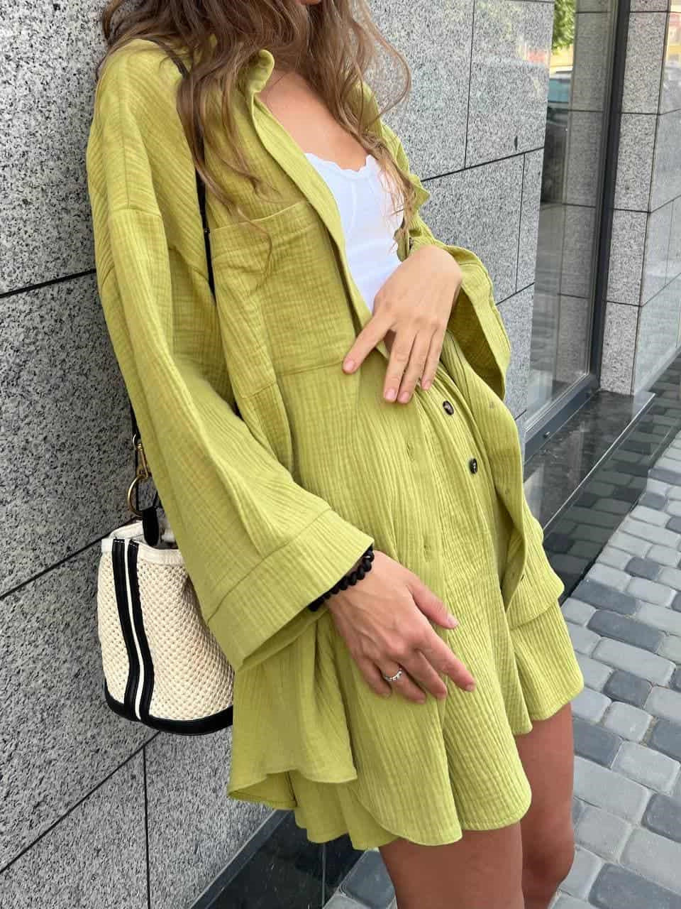 Damen Lässiges Kurzarm Set aus Hemd und Shorts mit Knopfleiste Shopnory