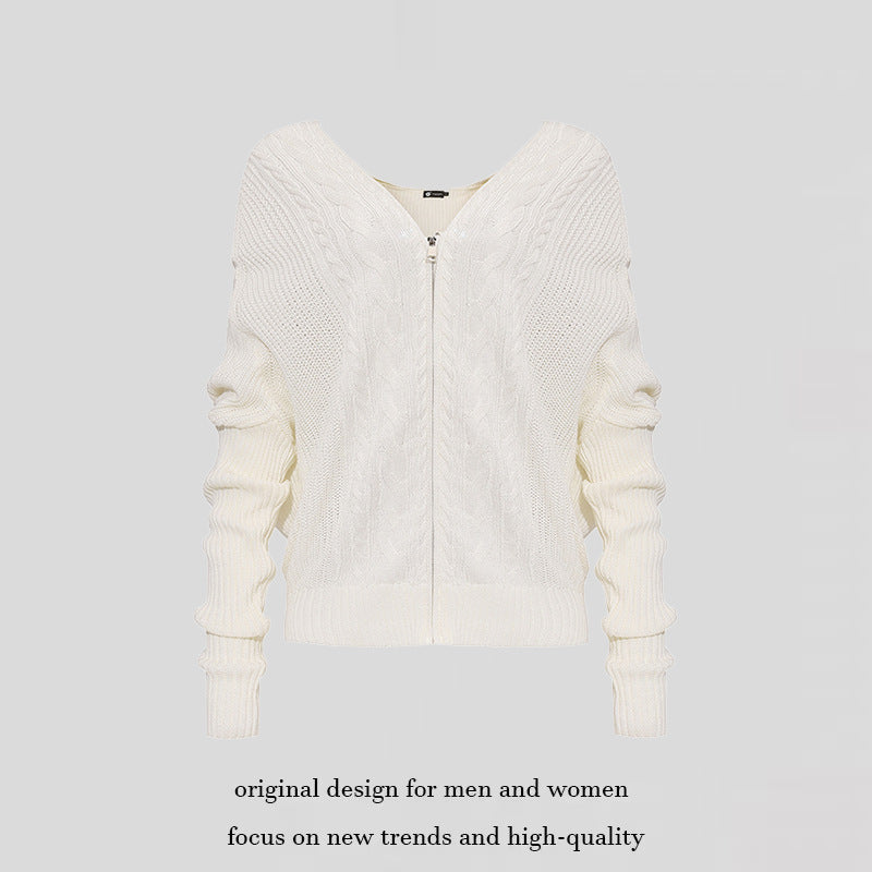 Damen figurnahe Zopfmuster-Strickjacke mit durchgehendem Reißverschluss und weitem V-Ausschnitt Shop Nory